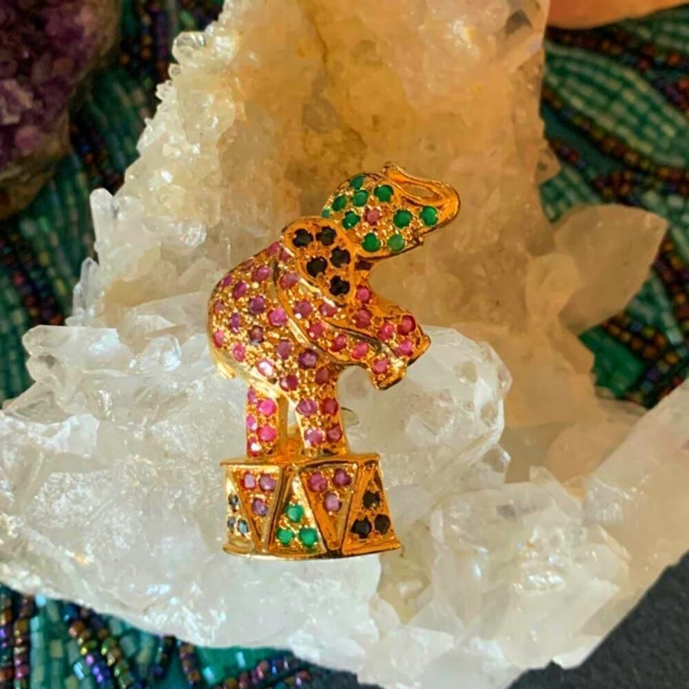 Bejeweled Circus Elephant on hind legs, in Gold-plated Silver, Mint